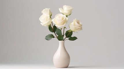 A bouquet of white rose in a vase isolated on a plain background. Minimal photo style with copyspace. Digital illustration generative AI.