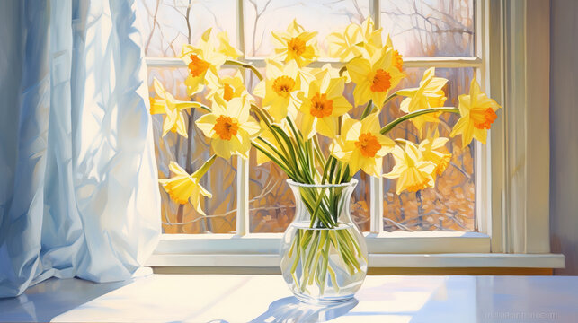 A bouquet of daffodil in a vase by the window, bathed in the warm sunlight. Colorful acrylic painting. Digital illustration generative AI.