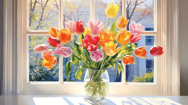 A bouquet of tulip in a vase by the window, bathed in the warm sunlight. Colorful acrylic painting. Digital illustration generative AI.