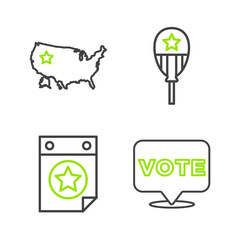 Set line Vote, Calendar with date July 4, Balloons and USA map icon. Vector