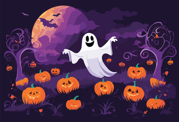 halloween pumpkin purple background with little ghosts