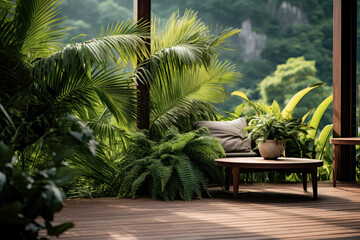 Fototapeta premium Private terrace with a wood balcony and plants, large plants and chairs indoor outdoor, wicker chair and plants.