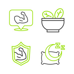 Set line Time to sleep, Bodybuilder muscle, Salad in bowl and icon. Vector
