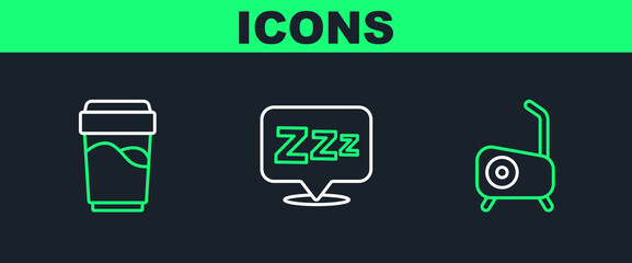 Set line Stationary bicycle, Glass with water and Sleepy icon. Vector