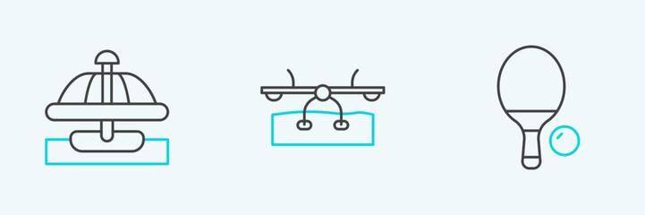 Set line Racket and ball, Attraction carousel and Seesaw icon. Vector