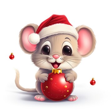 A cartoon mouse holding a christmas ornament. Digital image.