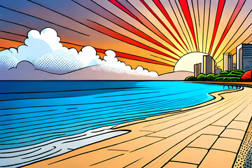 Comic book style city beach at sunset