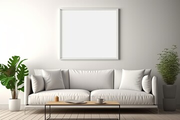 Blank horizontal poster frame mock up in minimal white style living room interior, modern living room interior background, Generative AI
