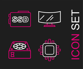 Fototapeta premium Set line Processor with CPU, Computer cooler, monitor screen and SSD card icon. Vector