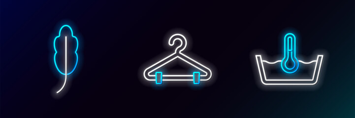 Set line Temperature wash, Feather and Hanger wardrobe icon. Glowing neon. Vector