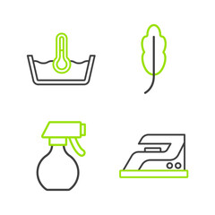 Set line Electric iron, Water spray bottle, Feather and Temperature wash icon. Vector