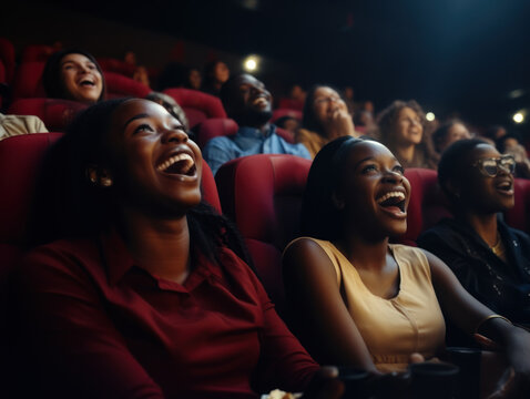 Group of cheerful african people laughing while watching movie in cinema