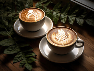 Two white cappuccino coffee cups with latte art on the table