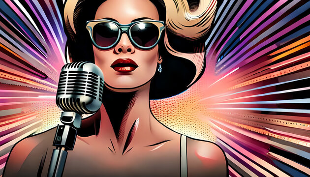 Pop art style woman singer with retro microphone