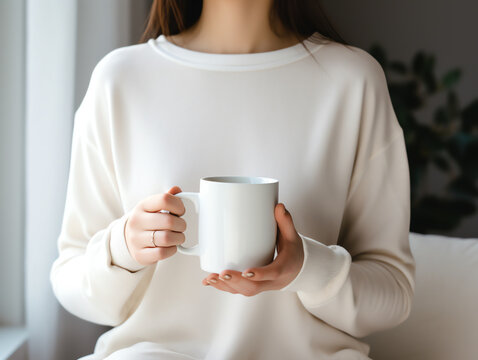Woman in sweater holding blank empty white mug mockup for design template