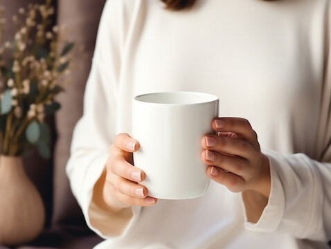 Woman in sweater holding blank empty white mug mockup for design template