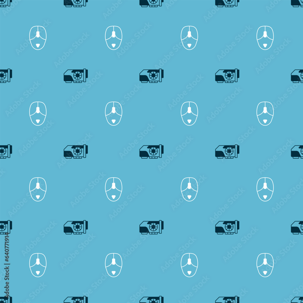 Poster set video graphic card and computer mouse on seamless pattern. vector