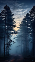 Fototapeta na wymiar Mystical foggy forest with pine trees under night sky and stars. Generative AI.