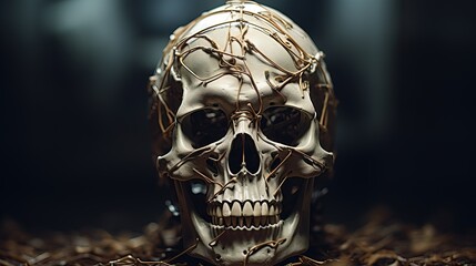 Amazing Close up of a Human Skull on a Scary Gray Background.