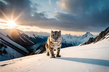 Majestic snow leopard camouflaged against the snowy backdrop of a mountainous terrain