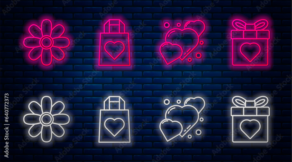 Sticker set line shopping bag with heart, heart, flower and gift box and heart. glowing neon icon on brick w