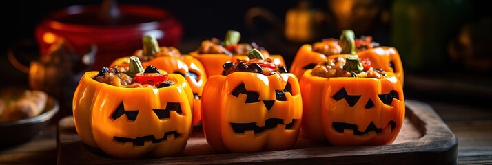 Halloween Pumpkin Peppers. Peppers Cutted and Carved made to look like Halloween Pumpkins.