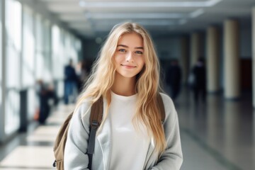 a smiling and charming blonde teenage girl, a high school student with a backpack, looking at the camera - obrazy, fototapety, plakaty