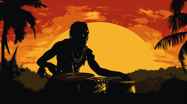 silhueta ribo do homem africano tocando bateria, artista ritual, banner reggae m&uacute;sica hip pop