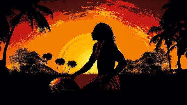 silhueta ribo do homem africano tocando bateria, artista ritual, banner reggae m&uacute;sica hip pop