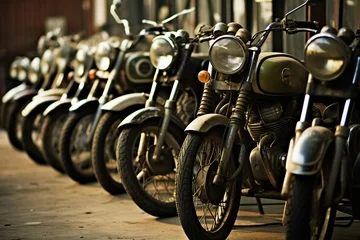  Row of many vintage motorcycles parked on a city street station public motorbike rental created by generative ai © Tetiana
