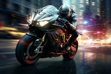 Picture of racing motorcycle with dynamic speed light trails in urban environment made with...