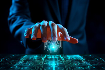 Generative ai collage photo of business person touch interface develop data software protection