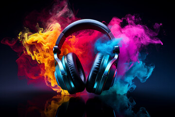 Generatiev ai collage template of electronics tore promo presenting new headphone model