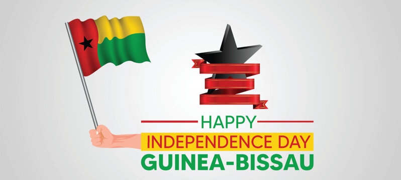 Guinea Bissau independence day vector poster hand holding waving flag - Powered by Adobe