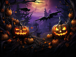 Halloween banner, Scary halloween pumpkin on wooden planks. Generative Ai
