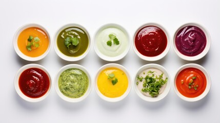 Image of colorful sauces in elegant bowls neatly arranged on a white background.