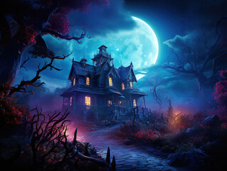 Fototapeta na wymiar Haunted House with Dark Horror Atmosphere. Halloween Haunted Scene House. Generative Ai