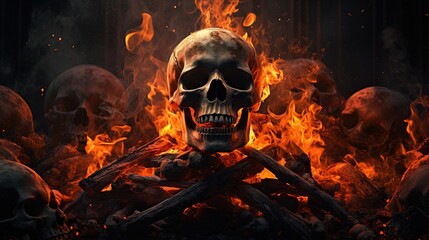 Close up of some Skull Burning over a Big Flame on a Dark Background. Halloween Theme.