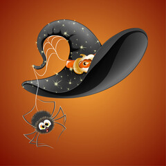 Cute cartoon witches hat with golden pumpkin buckle and orange ribbon, with hanging little spider 