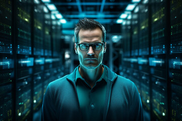 Generative ai collage image photo of professional it specialist analyzing data warehouse room