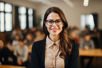 Fototapeta premium Photography of successful school teacher lecturer in classroom or educational setting background generative AI