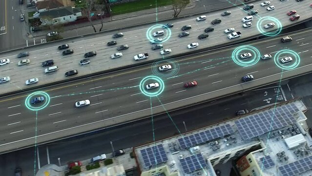 Aerial View of Highway Full of Traffic, Autonomous Vehicles Connected to Futuristic Network. Driverless Cars with Holographic HUD Elements. Intelligent Traffic Detection System. Smart Transportation.