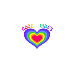 Hippie poster with 70s or 60s colorful good vibes slogan and heart shape in rainbow colors on white background. Print for bag, kids girl tee, hoodie t shirt