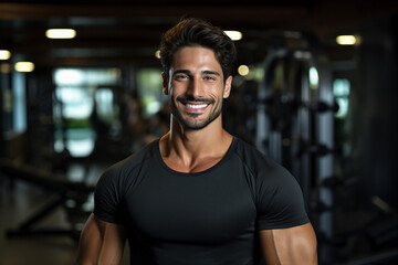 Portrait of happy handsome man professional trainer in a sport gym healthy lifestyle and generative AI concept