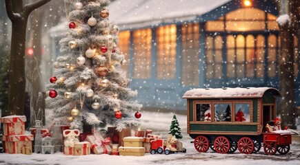 Naklejka na ściany i meble christmas tree with gifts in outdoor, christmas tree with gifts and decorations, christmas scene