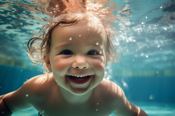 Fototapeta na wymiar Portrait of happy girl boy having fun swimming pool under water enjoying summer holidays in aqua park center generative AI