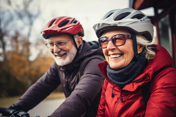 Generative AI photo of retired funny people in protective helmets riding bike together walking park exploring city outdoors - obrazy, fototapety, plakaty