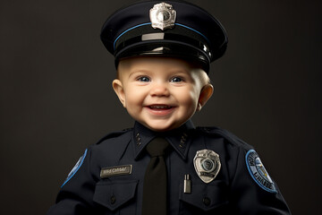 Generative ai collage photo of adorable baby in police uniform future policeman for fighting criminals - obrazy, fototapety, plakaty