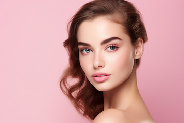 Generative IA picture of young girl natural beauty spa salon concept over pink pastel color...