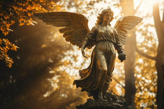 Generative AI picture of statue in park Sad Holy angel architecture